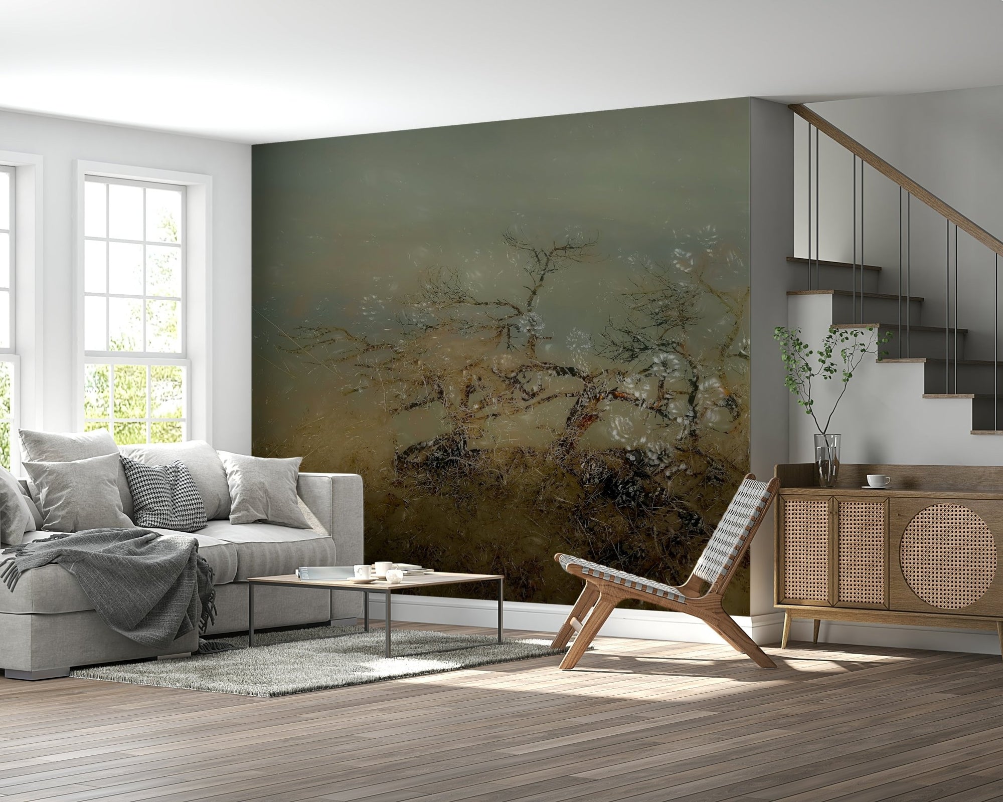 A beautiful serene landscape wallpaper mural with misty reflections on water., GD5647