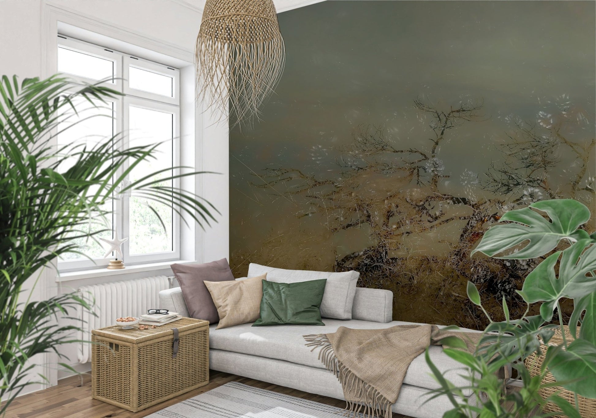 A peaceful woodland vista mural on decorative wallpaper.