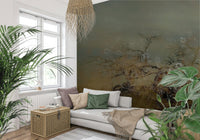A peaceful woodland vista mural on decorative wallpaper.