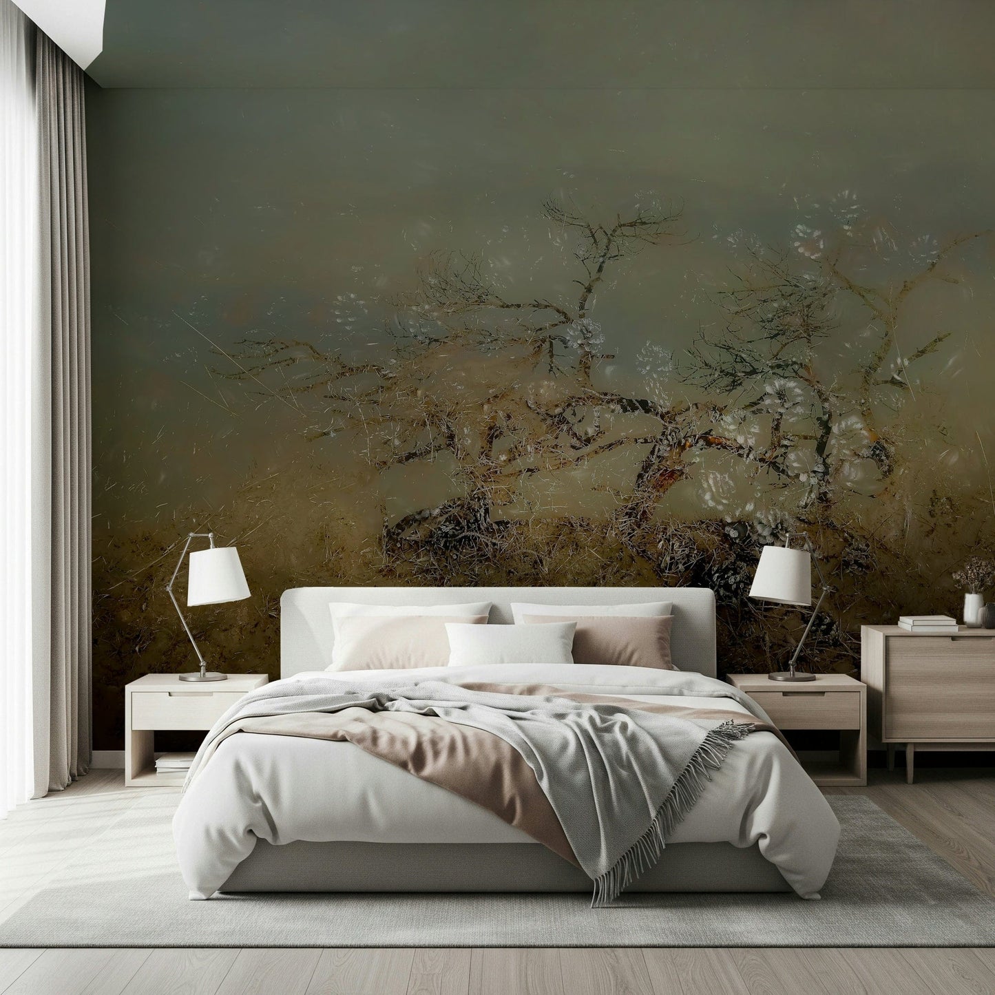 A beautiful wide-angle wall mural of a serene landscape.