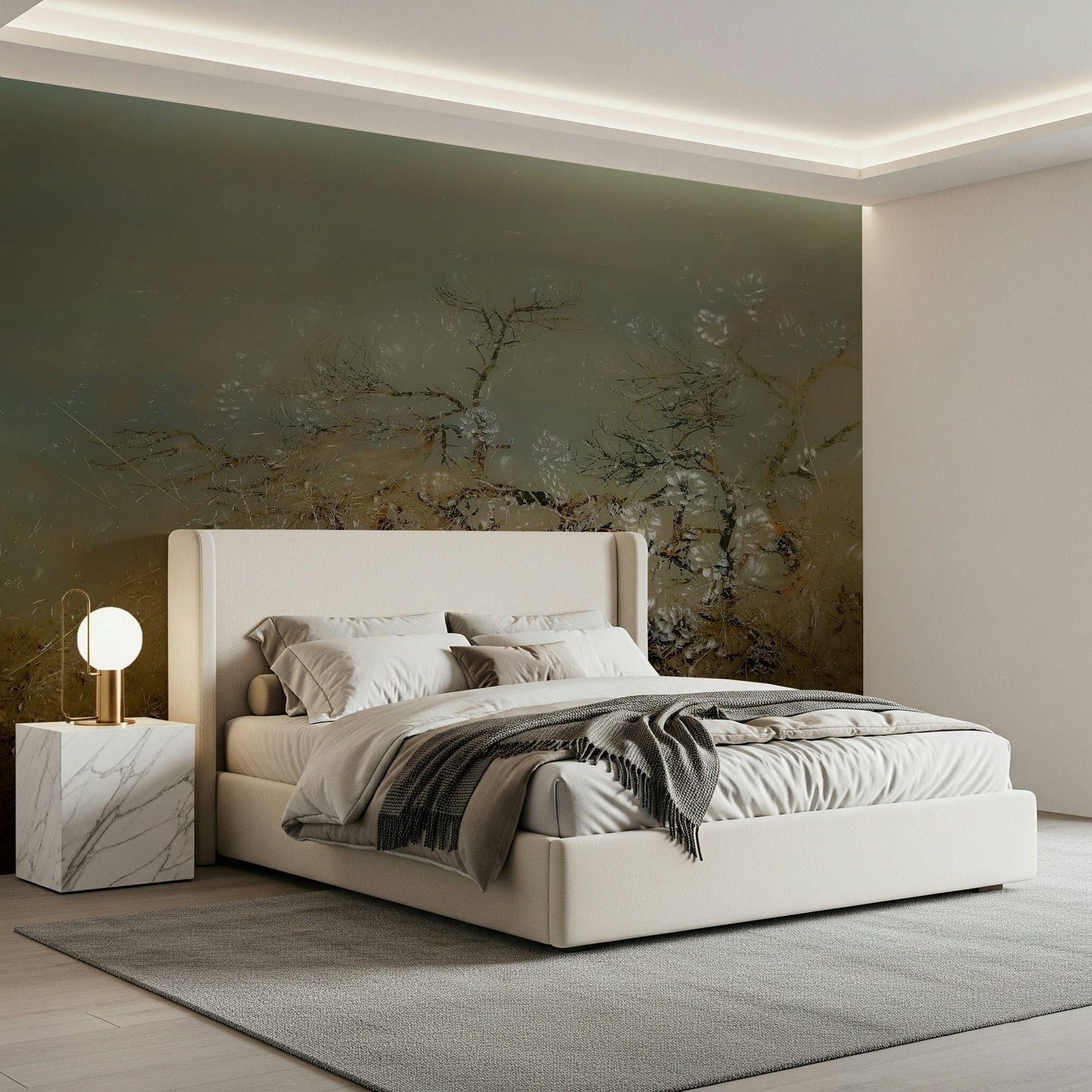 A contemplative misty forest wallpaper mural for a feature wall.