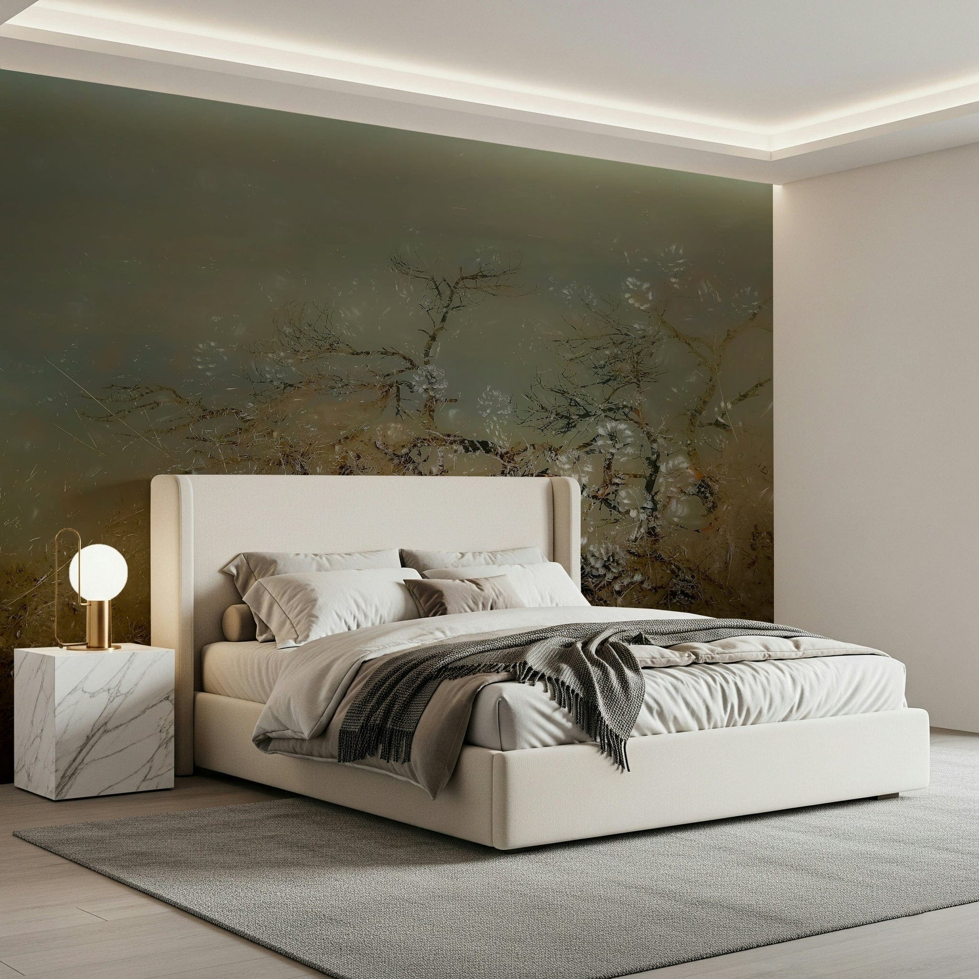 A contemplative misty forest wallpaper mural for a feature wall.