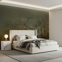 A contemplative misty forest wallpaper mural for a feature wall.