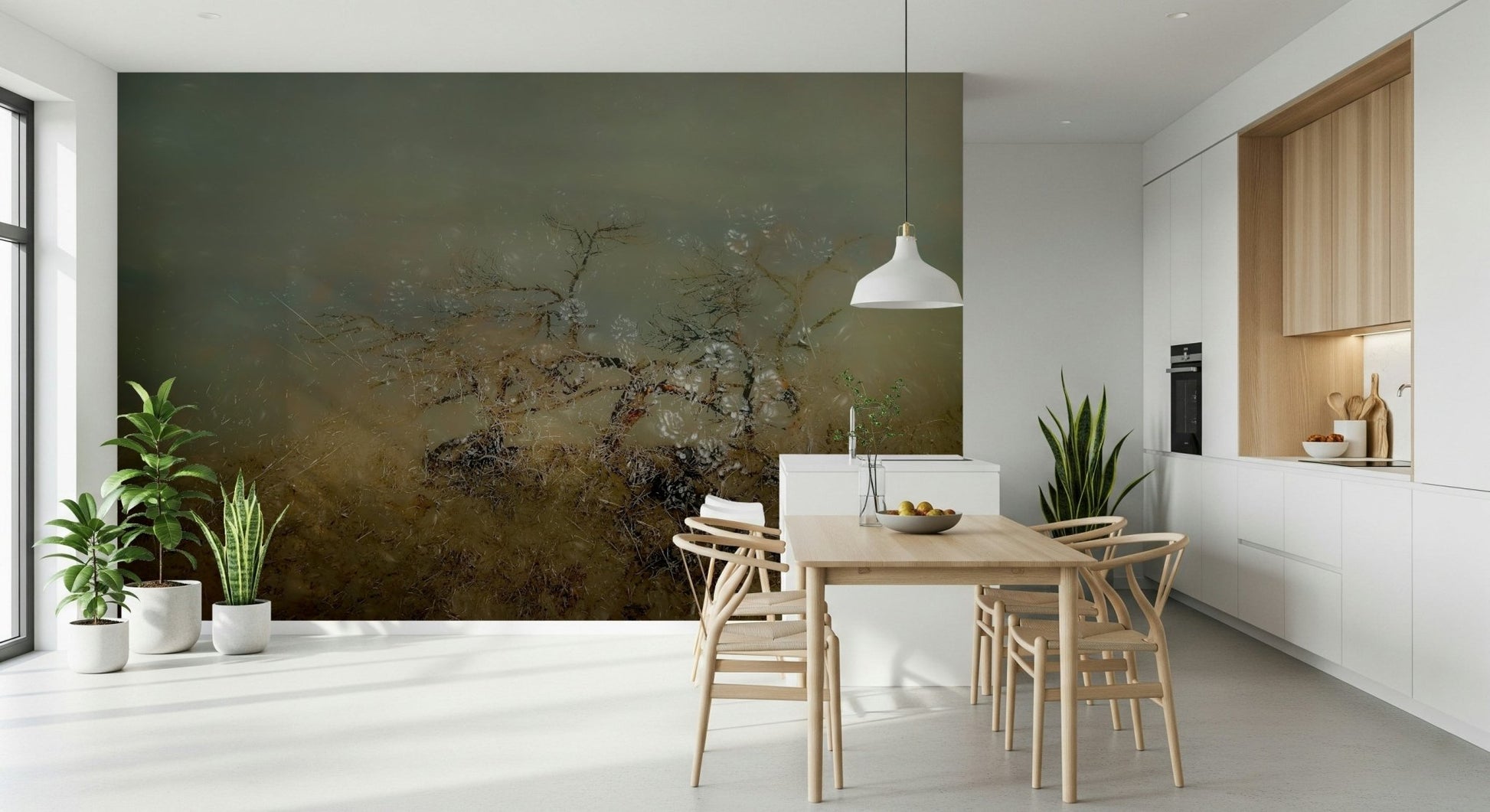 A calming serene view wallpaper mural that defines a space.