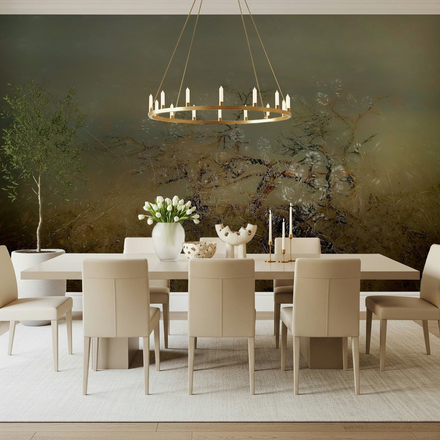 A graceful subtle pattern wall mural in cool, natural tones.