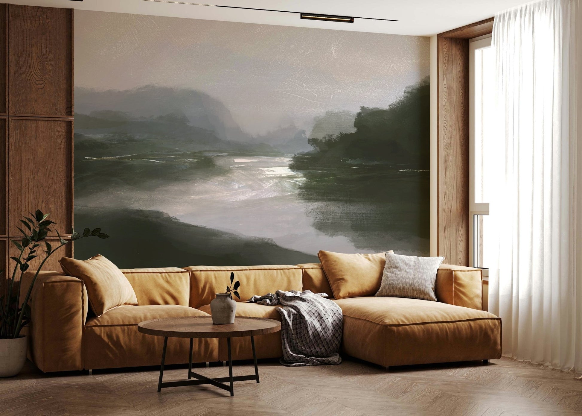 A contemplative misty forest wallpaper mural for a feature wall.