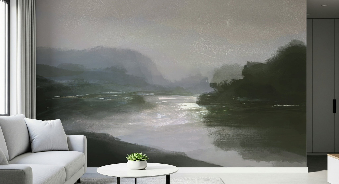 A beautiful serene river wallpaper mural with a misty, tranquil atmosphere.