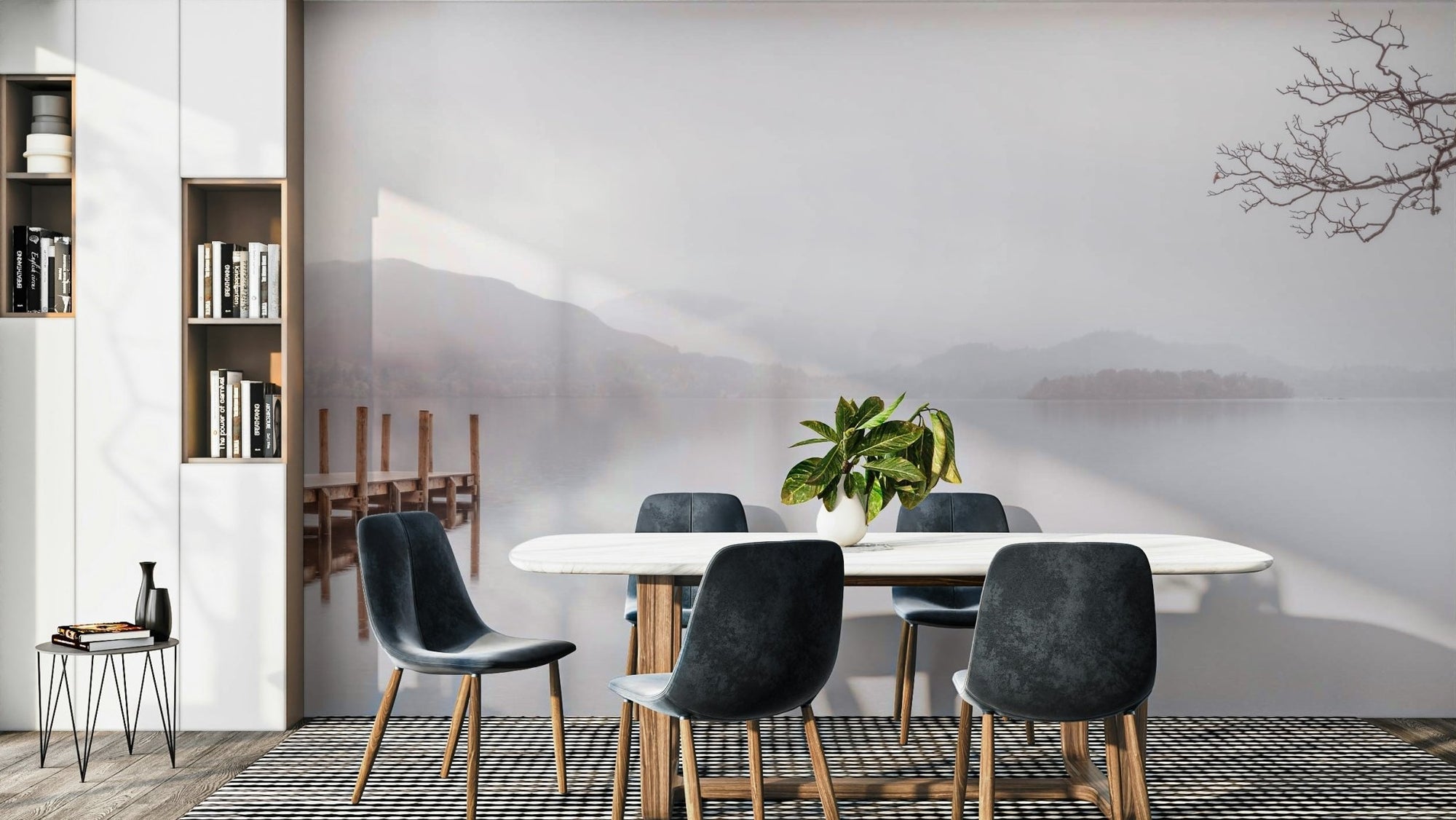 A beautiful serene lake with misty mountains in the background. GD3897

