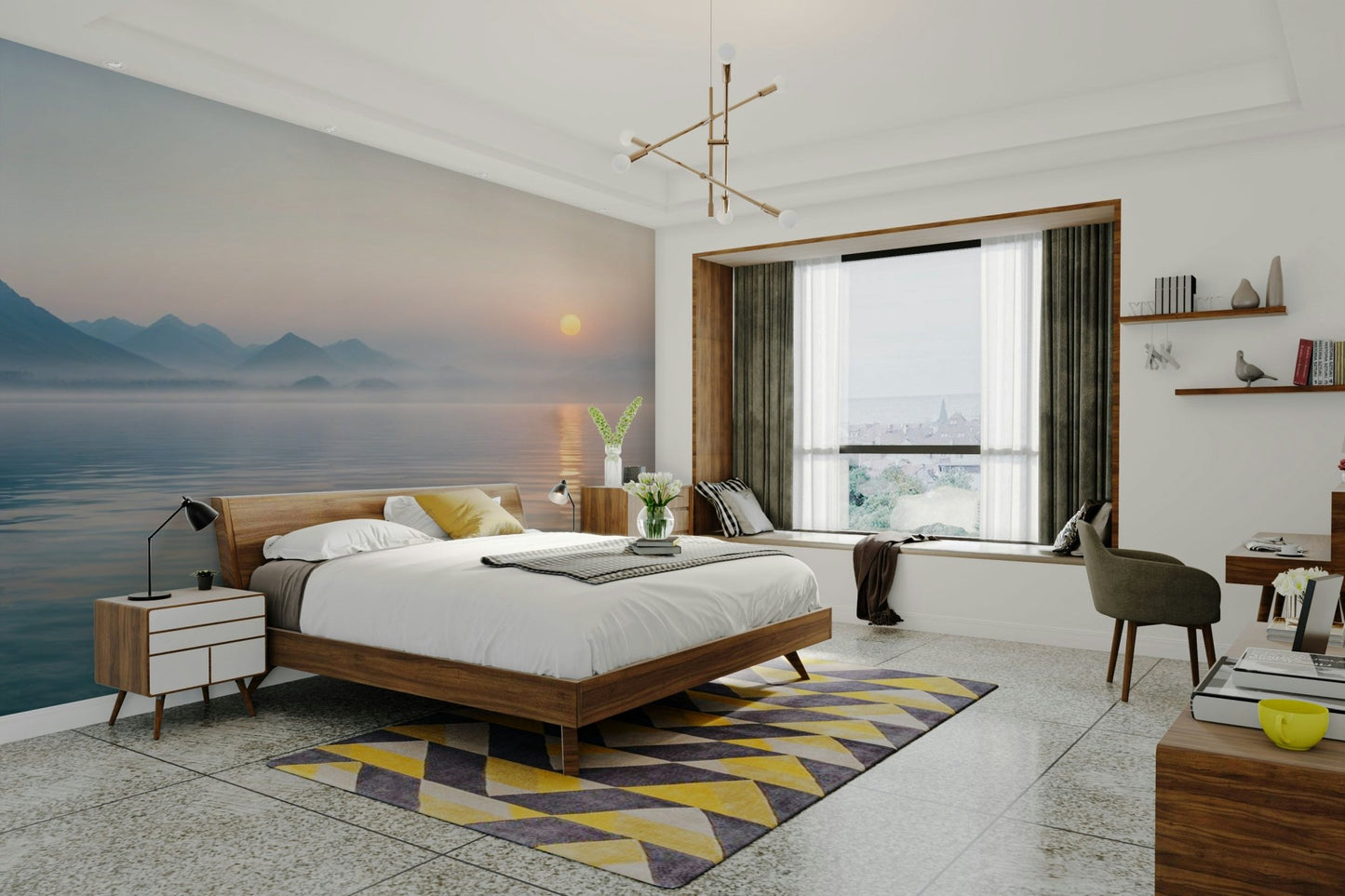 The ground is covered in a light layer of mist.

