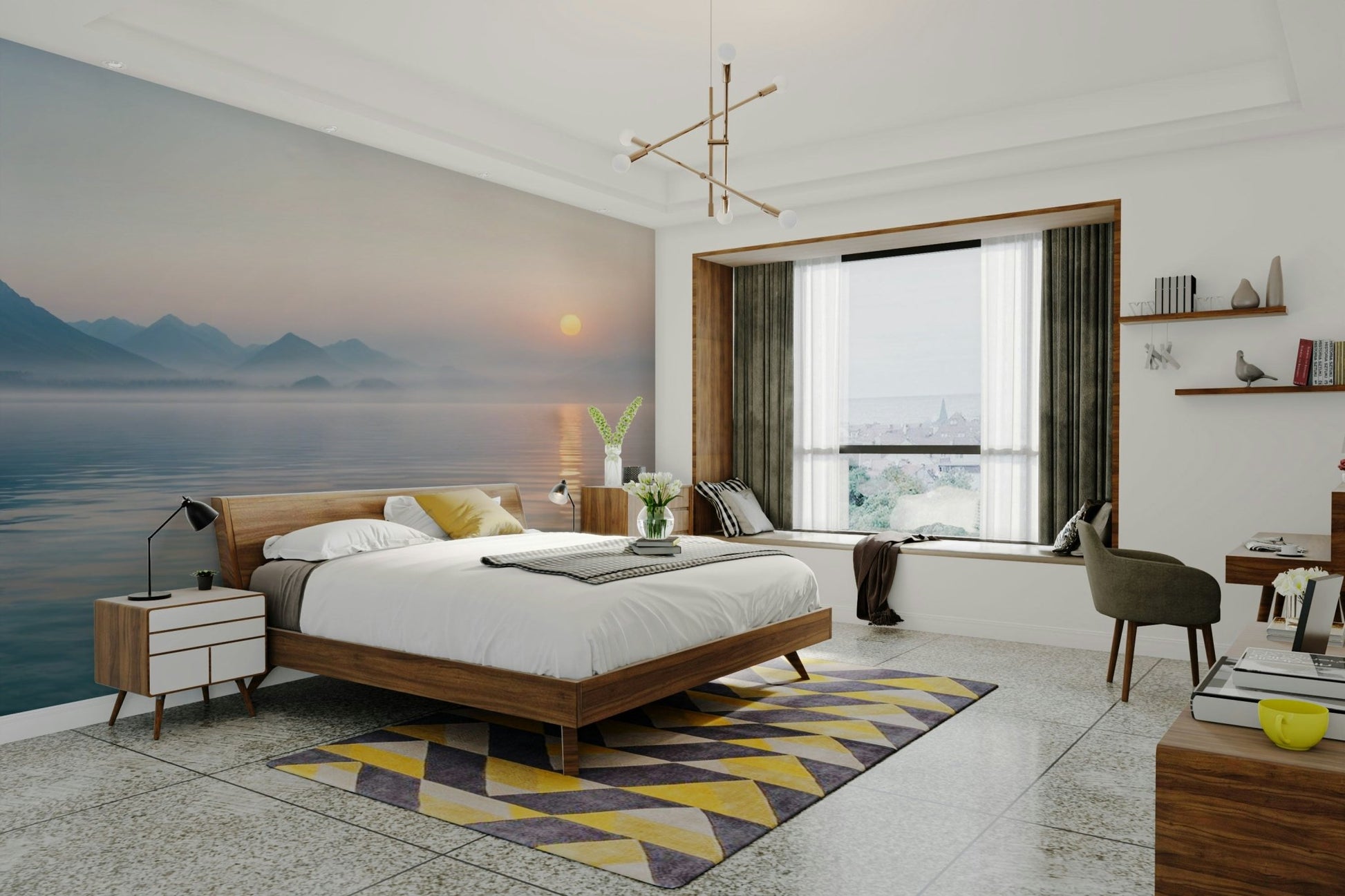 The ground is covered in a light layer of mist.

