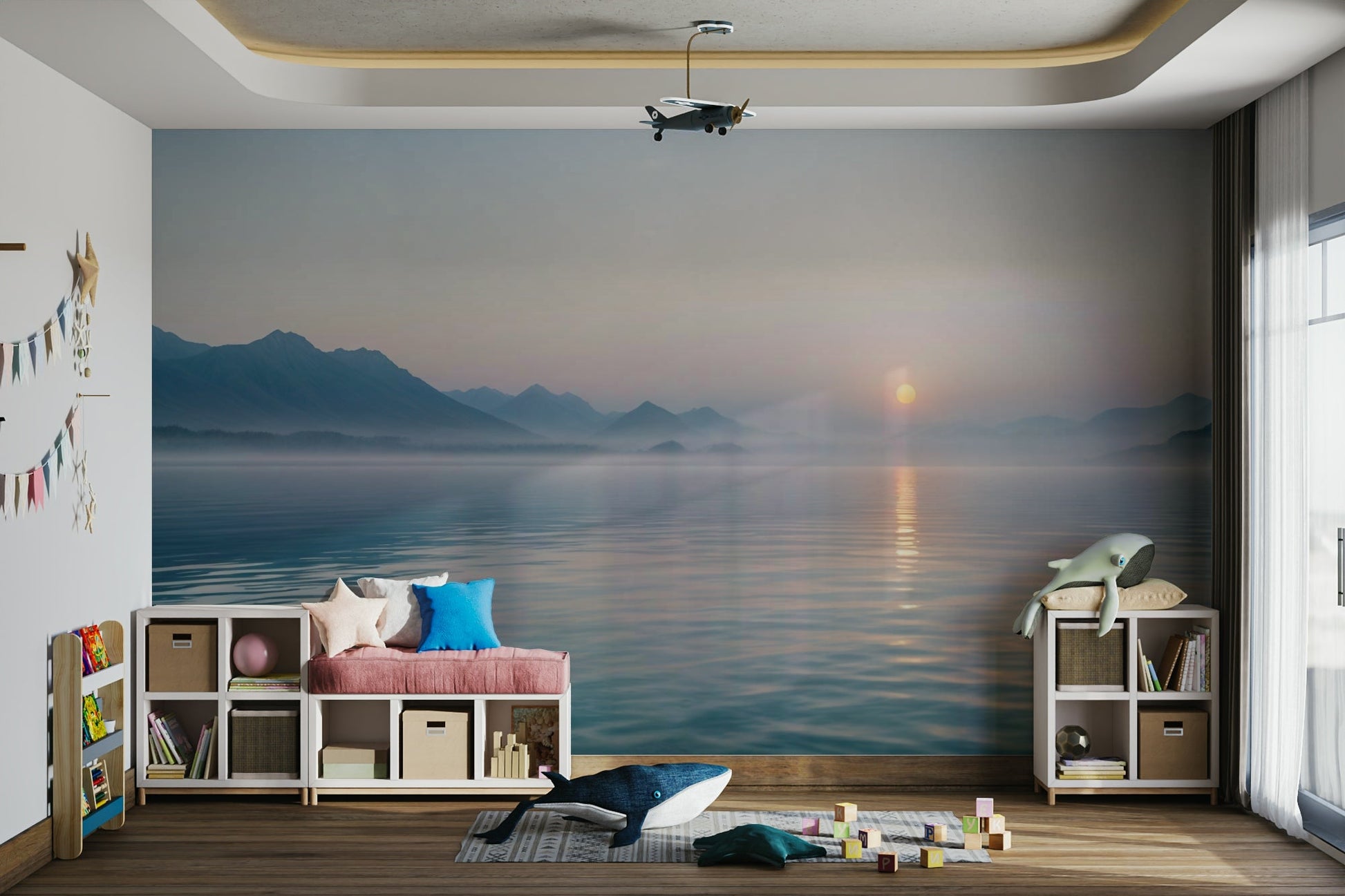 The colors are muted and soft, with shades of gray and orange.

