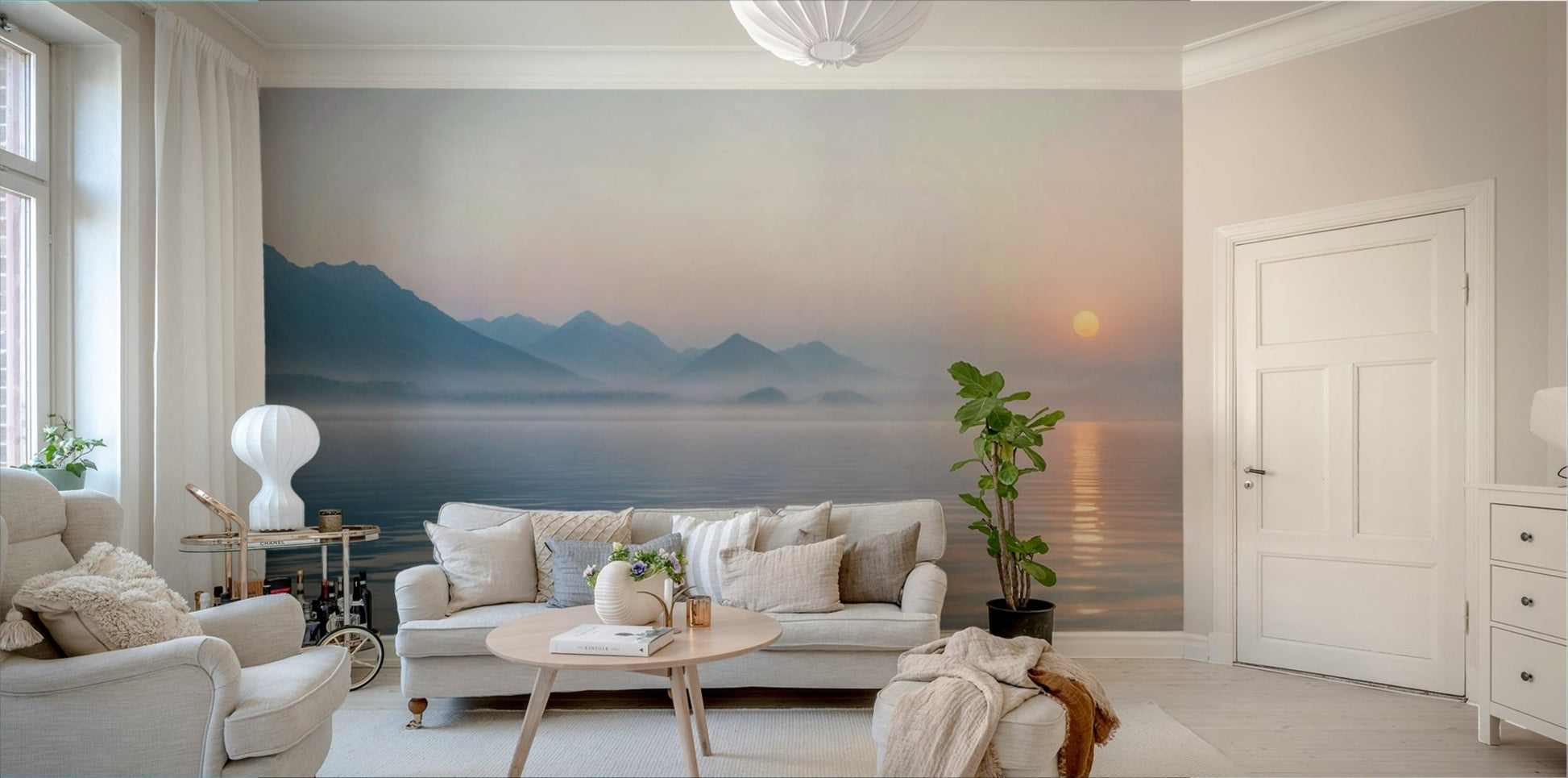 Tall, dark silhouettes of trees stand in the mist.

