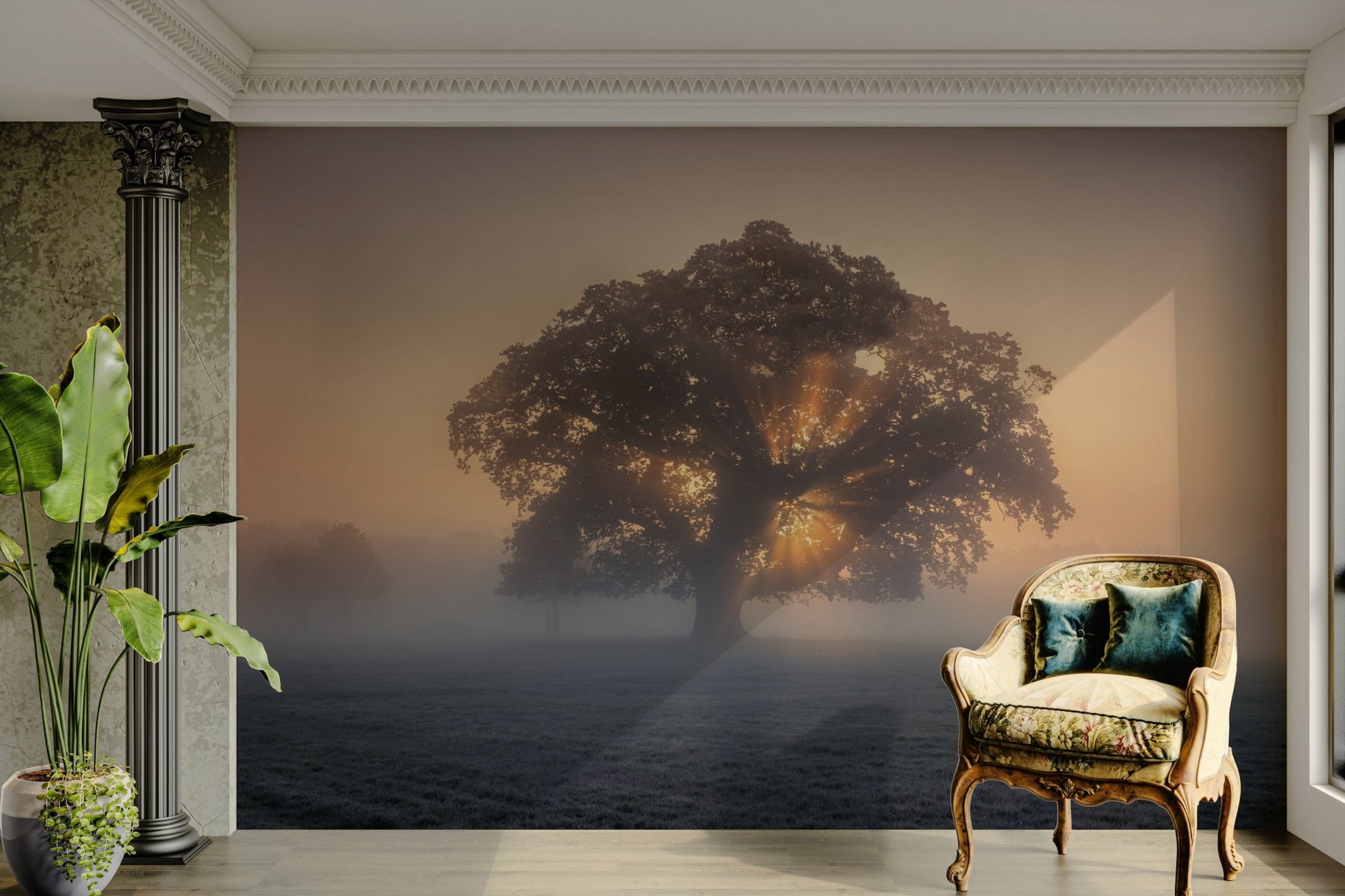 A wall mural of a lone tree in a misty field at sunrise.

