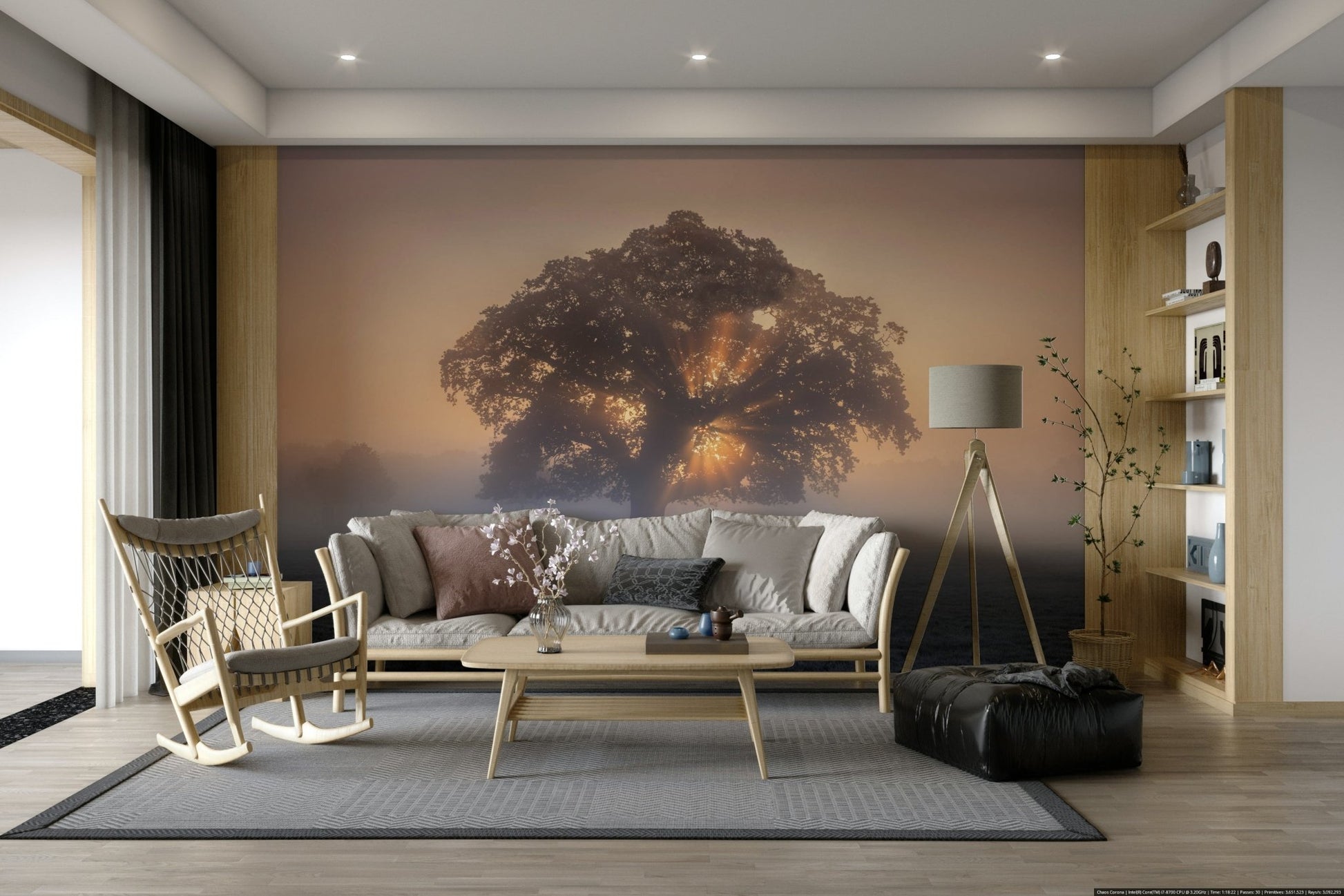 Rays of sunlight are breaking through the tree's branches.

