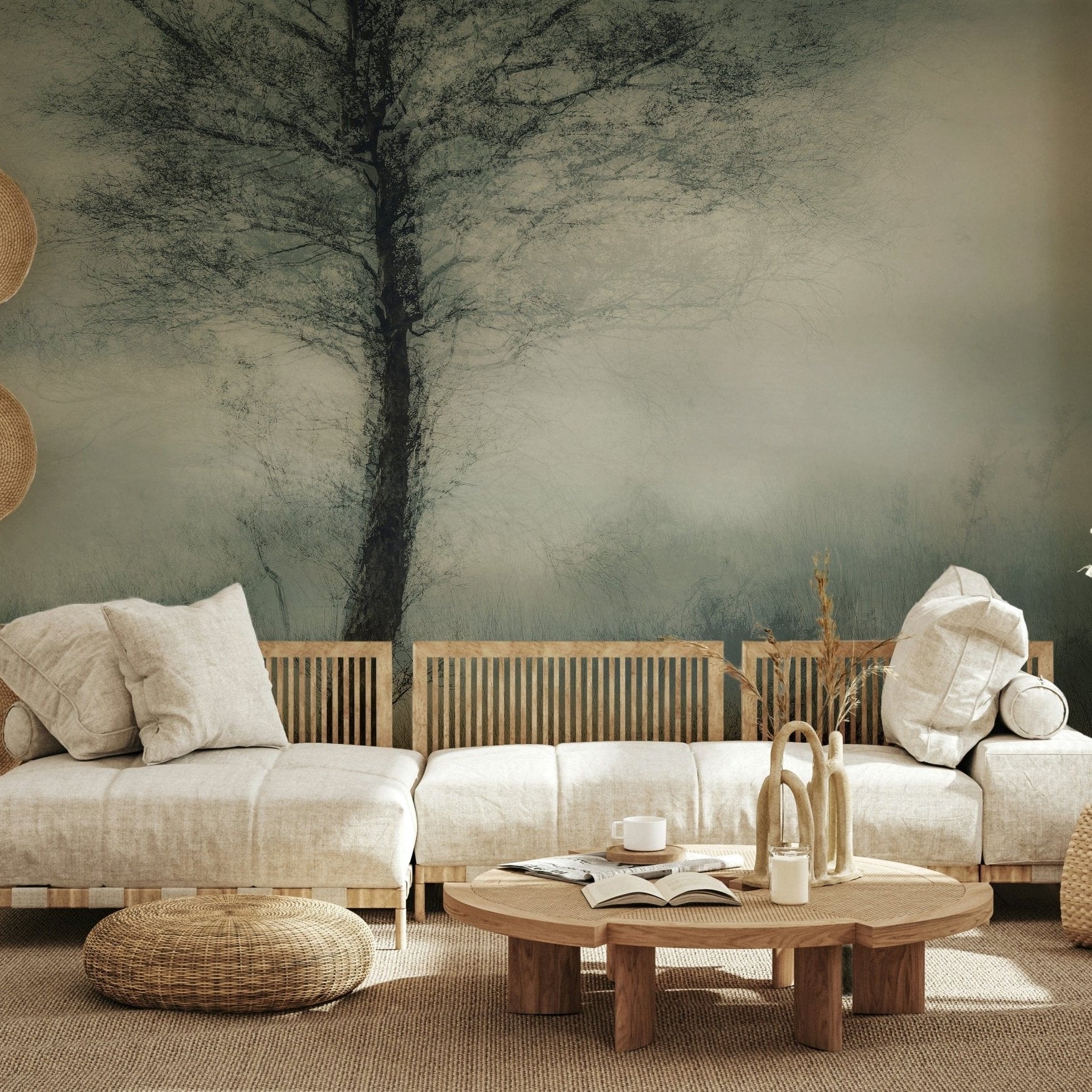 A beautiful wide-angle wall mural of a misty wood., GD5622