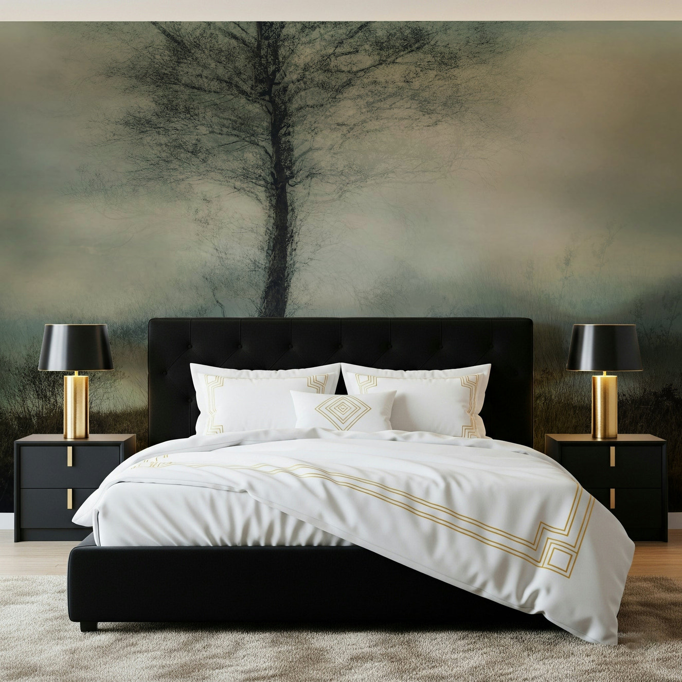 A beautiful misty tree wallpaper mural for a modern, tranquil home.