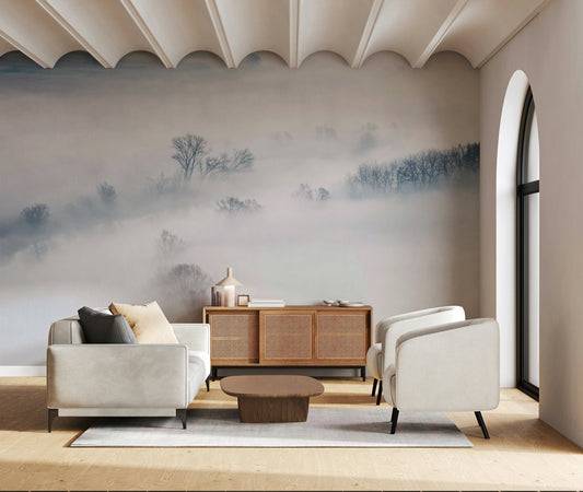 A beautiful misty forest wallpaper mural with soft light filtering through the trees.