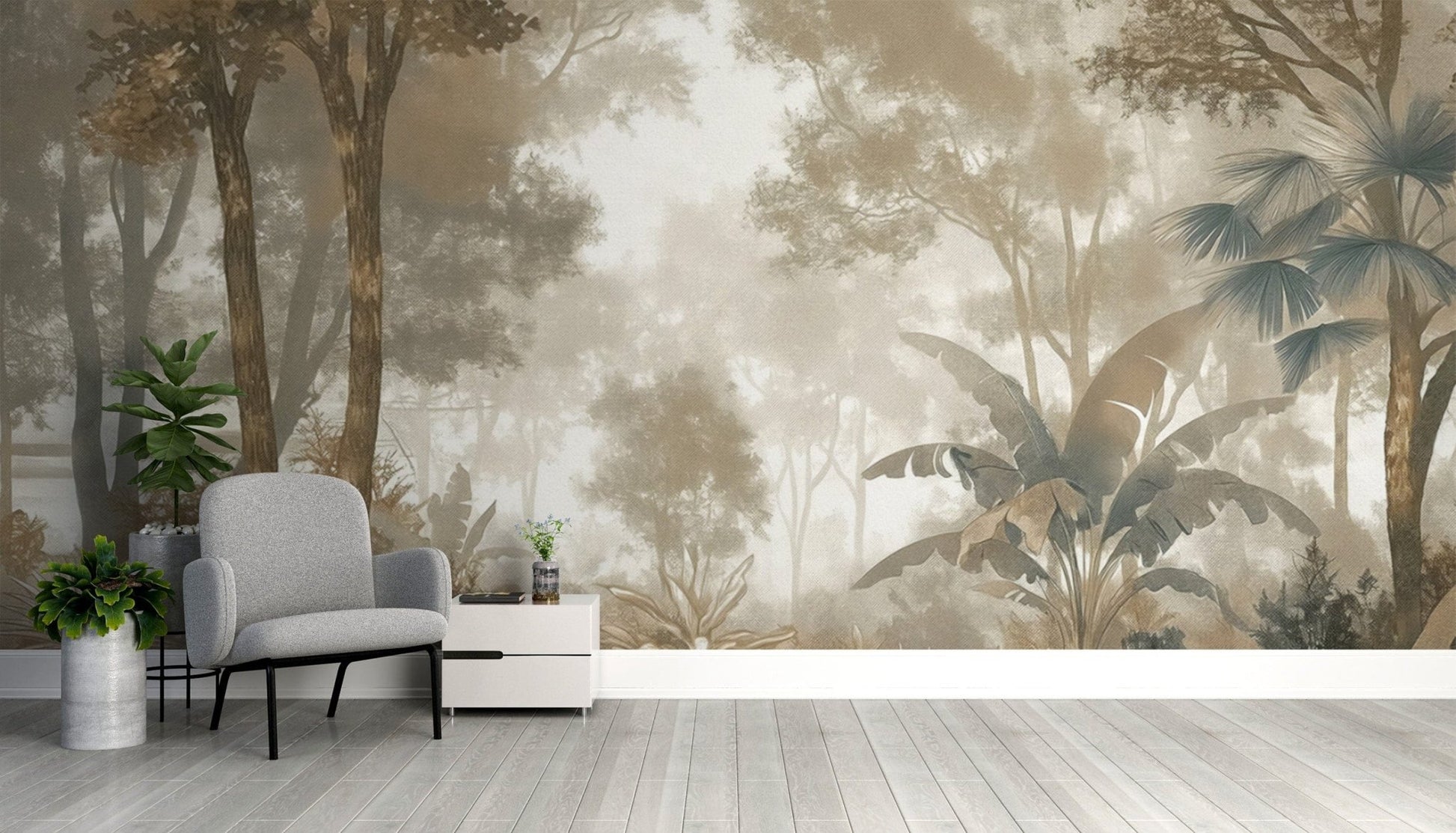 Lush green tropical jungle mural

