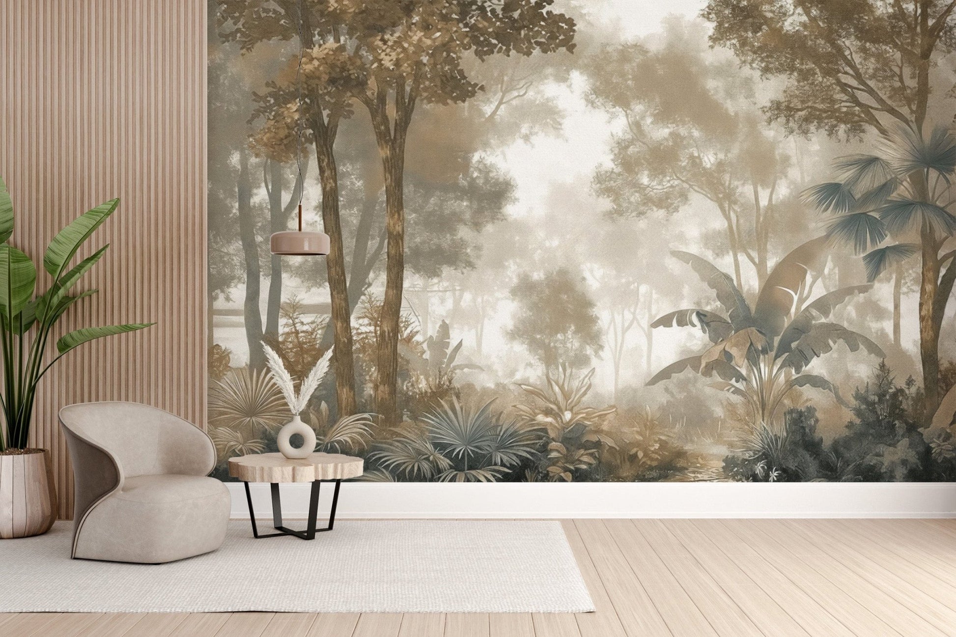 Misty tropical forest wallpaper design
