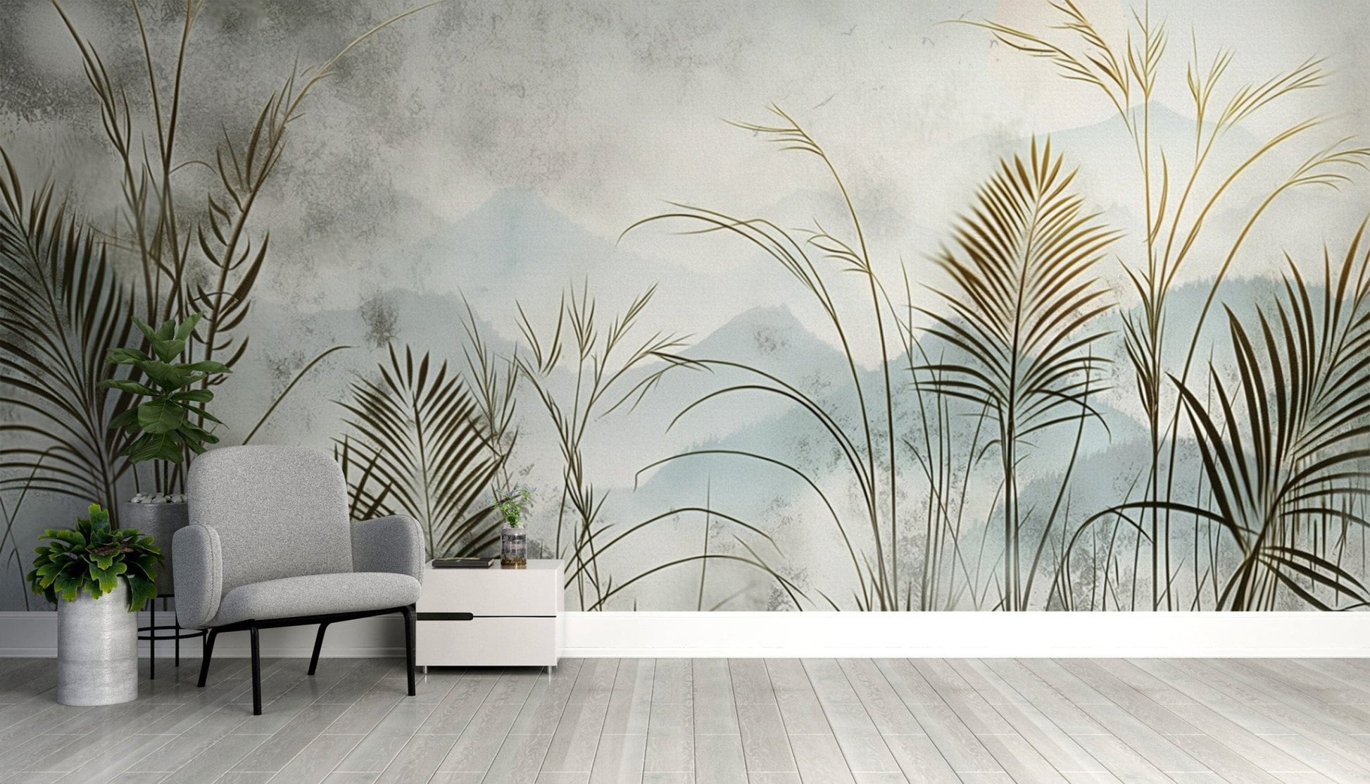 Serene botanical grassland wall covering
