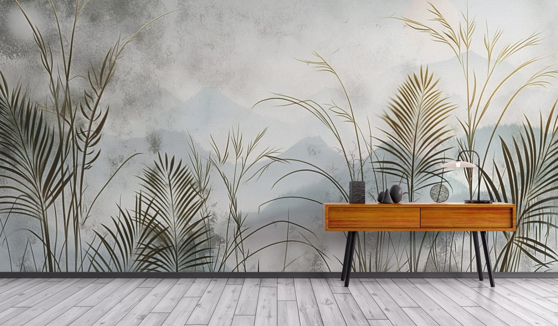 Foggy grassland tropical wallpaper scene
