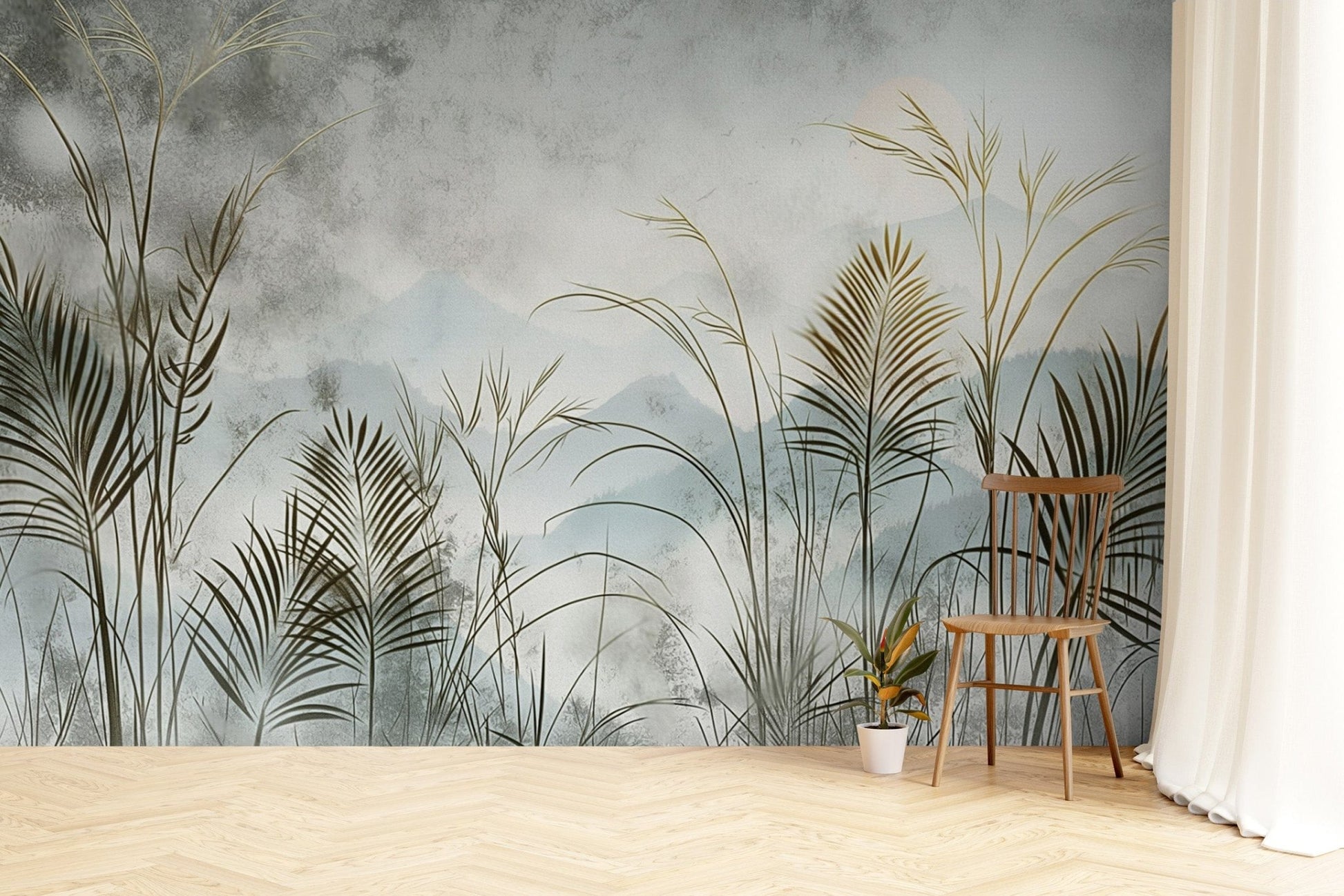 Misty tropical grassland wallpaper design
