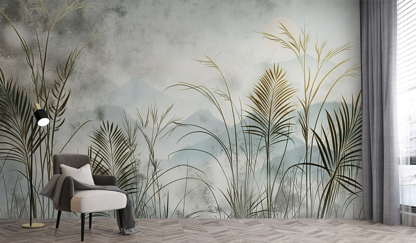 Buy Misty Tropical Grassland Wallpaper – Serene Botanical Wallpaper

