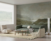 A peaceful open country mural on decorative wallpaper.