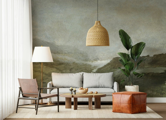 A beautiful misty vale wallpaper mural of a serene landscape., GD5665