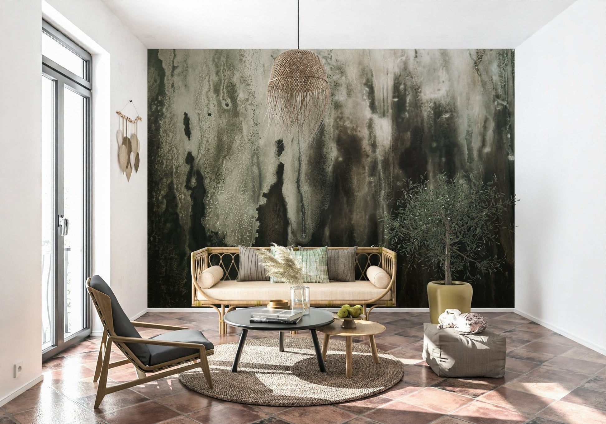 Misty Waterfall wallpaper mural creating a restful, serene focal point in a den.