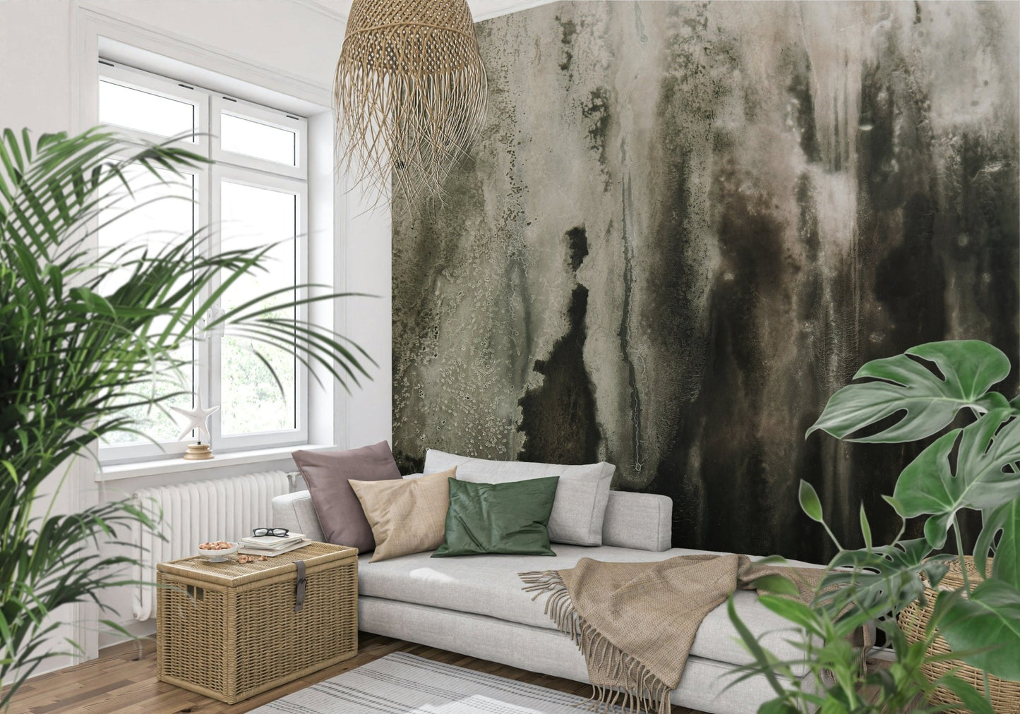Lush forest surrounding the Misty Waterfall on the beautiful wallpaper for walls.