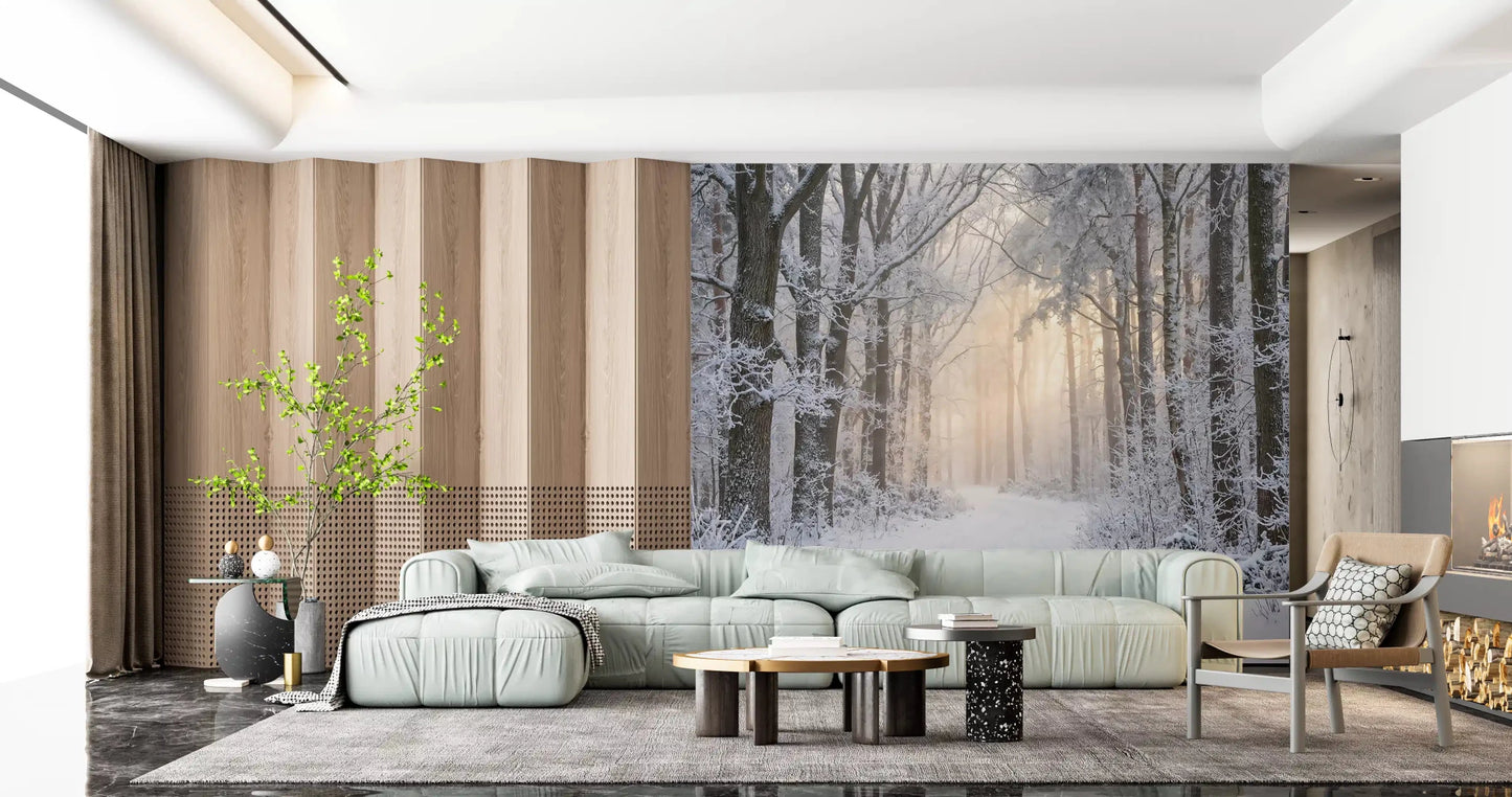 Wrapped behind the Living room, Misty Winter Forest Glow wall mural softens the cool light.GD9603