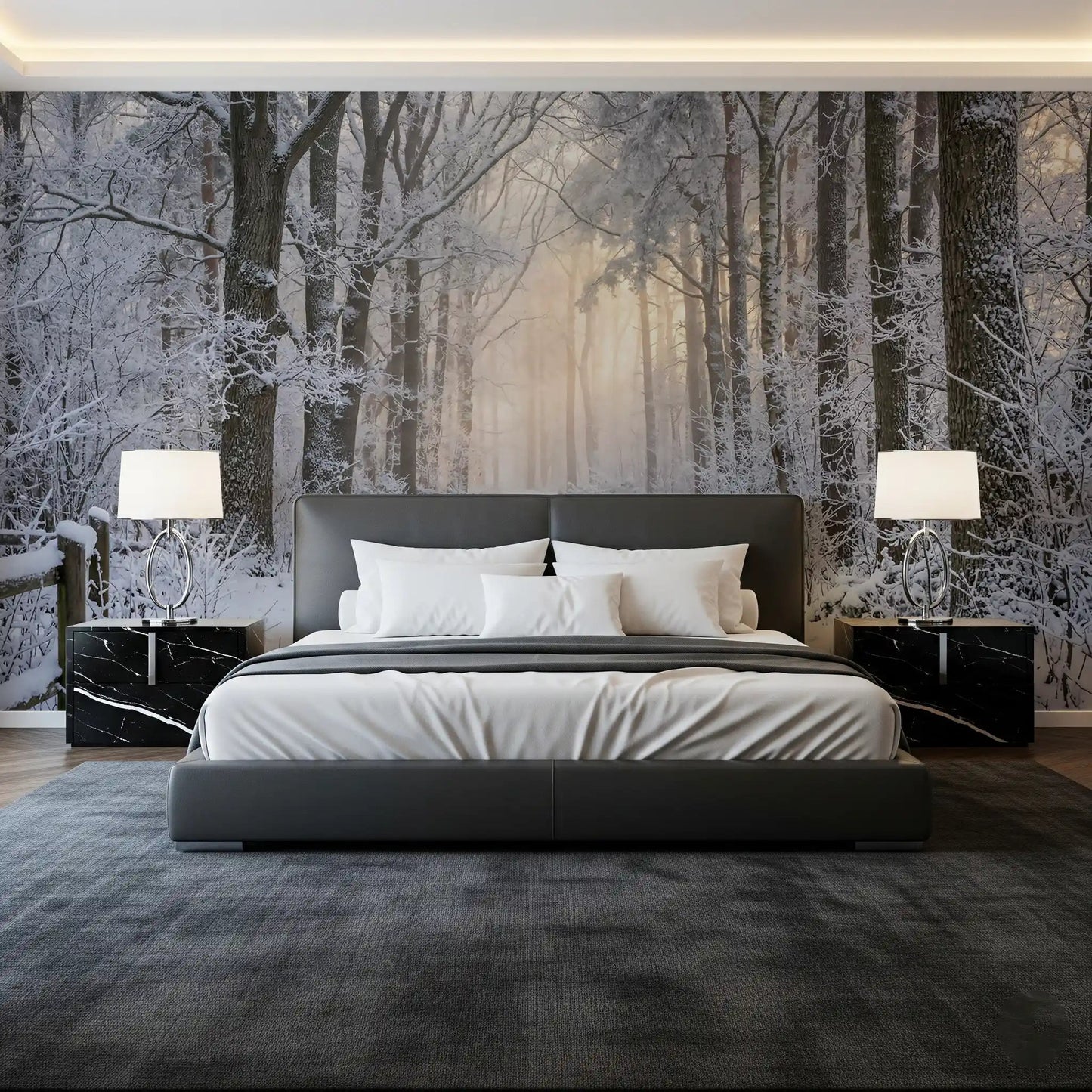 Footprints curve along the snowy path of Misty Winter Forest Glow wall mural.GD9603