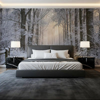 Footprints curve along the snowy path of Misty Winter Forest Glow wall mural.GD9603