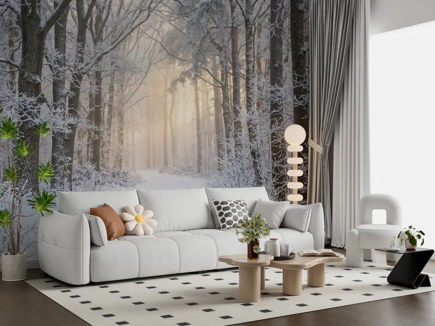 The lounge takes on cinematic depth from Misty Winter Forest Glow wall mural at full scale.GD9603