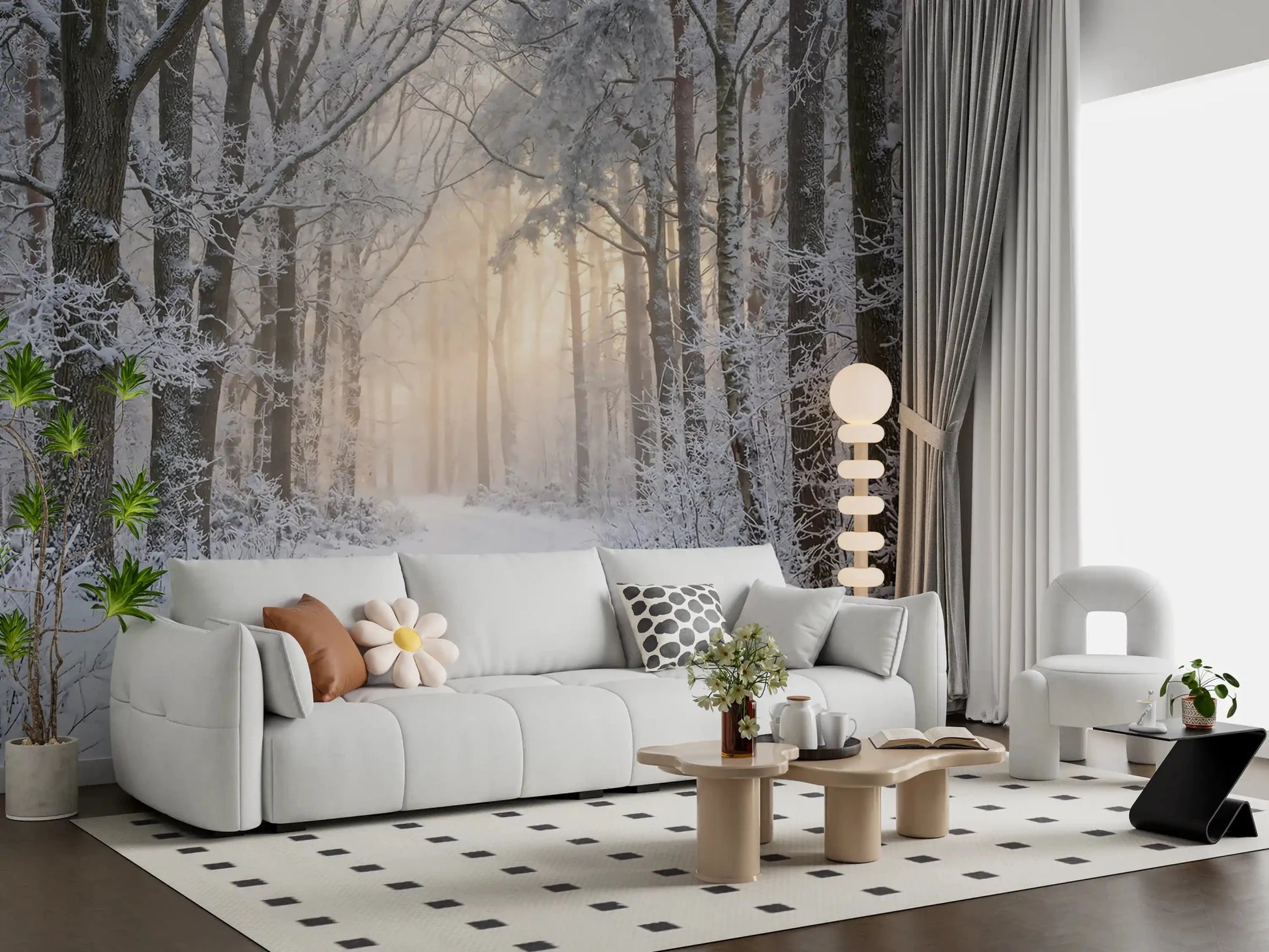 The lounge takes on cinematic depth from Misty Winter Forest Glow wall mural at full scale.GD9603
