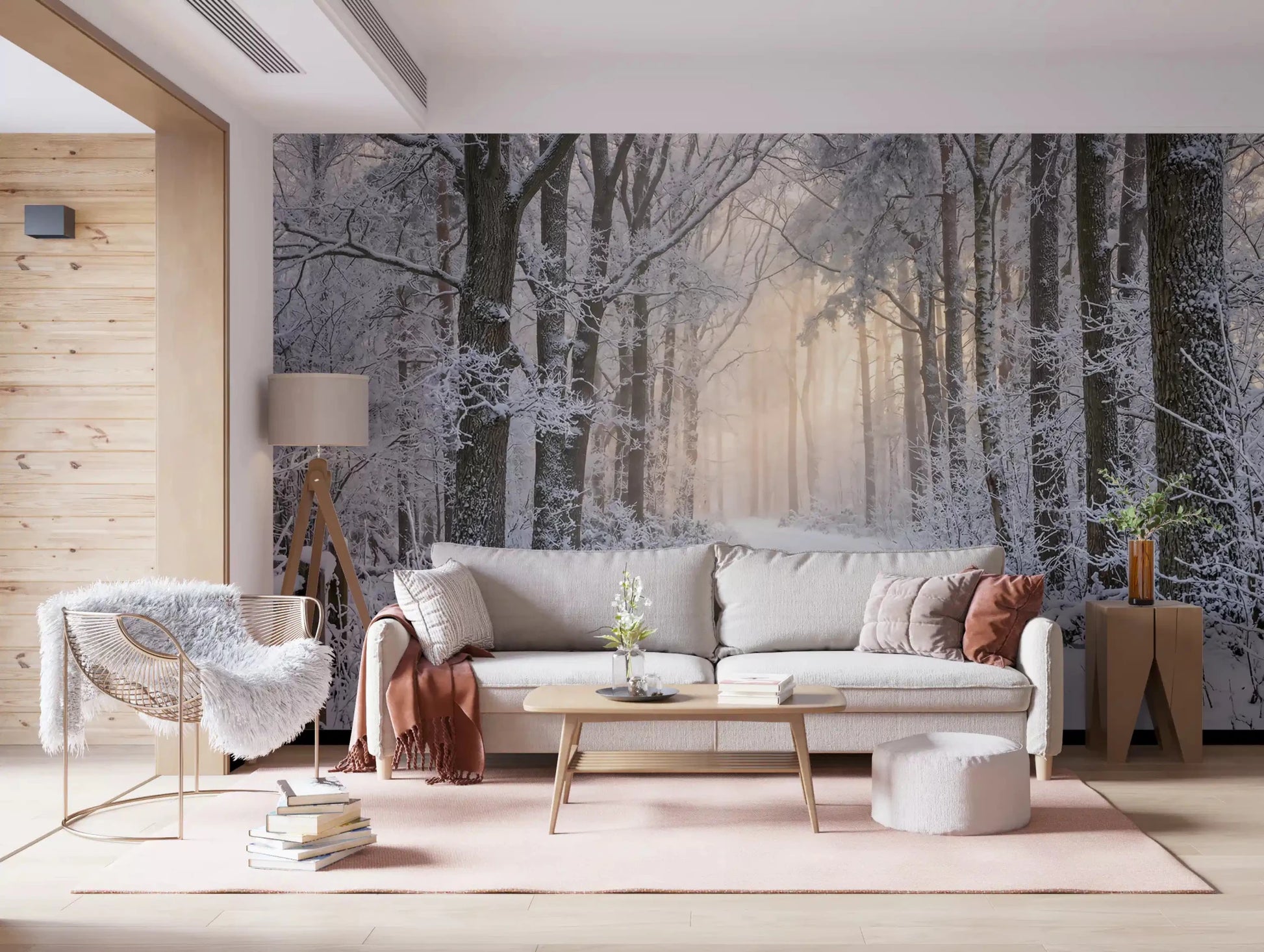Misty Winter Forest Glow wall mural shows golden sunlight breaking through frosted trees.GD9603