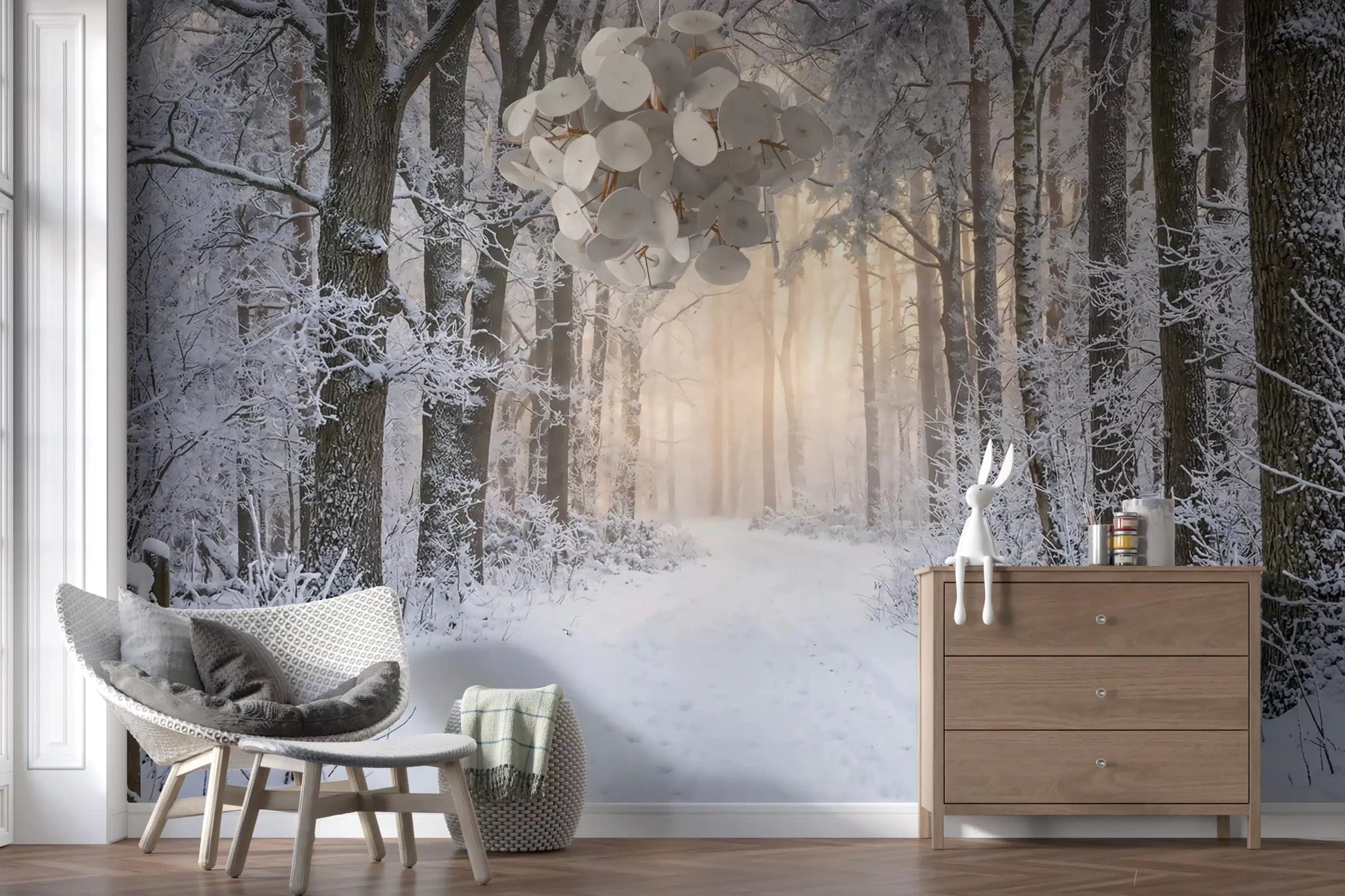 Snow-laden branches and gold light fill the Living room on Misty Winter Forest Glow wall mural.GD9603