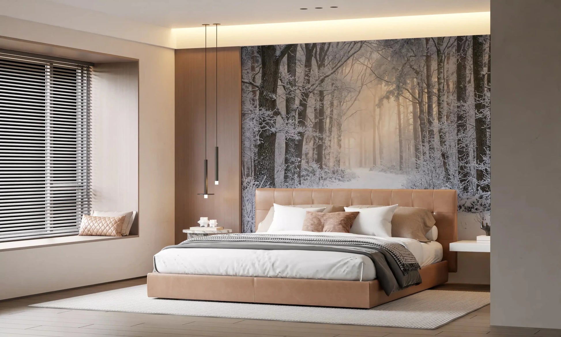 At the centre of frame, Misty Winter Forest Glow wall mural reveals a soft glowing mist.GD9603