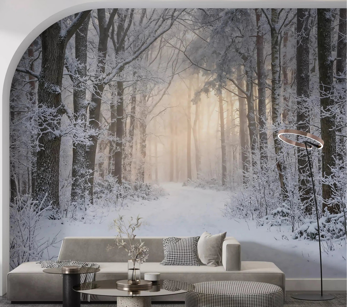 Misty Winter Forest Glow wall mural turns the living room into a snowy woodland path.GD9603