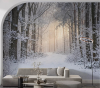 Misty Winter Forest Glow wall mural turns the living room into a snowy woodland path.GD9603