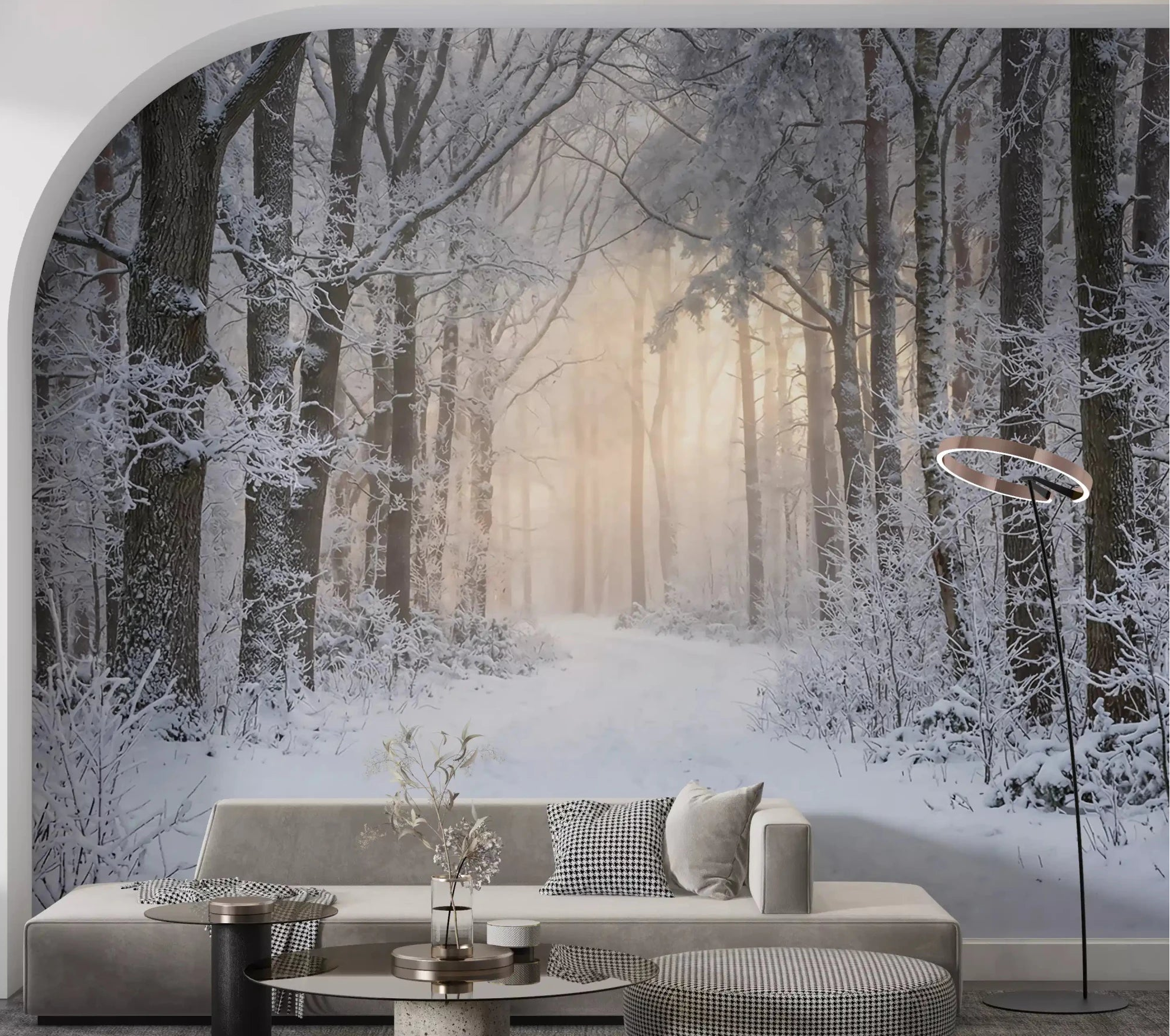 Misty Winter Forest Glow wall mural turns the living room into a snowy woodland path.GD9603