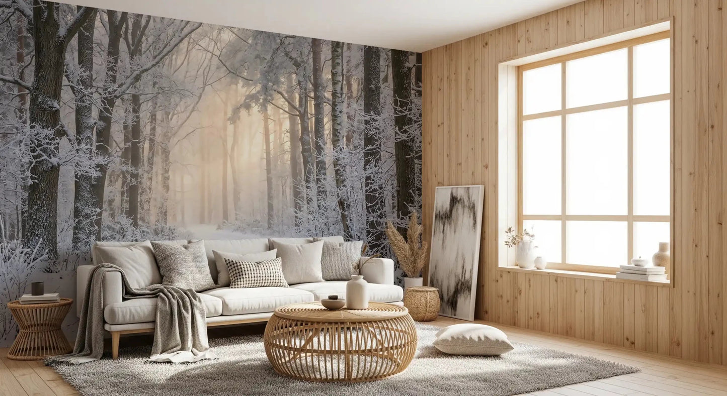 Down the lounge area Misty Winter Forest Glow wall mural opens into a misty forest scene.
GD9603