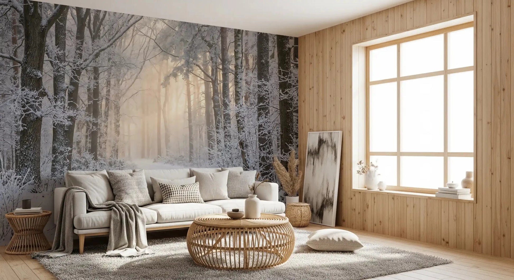 Down the lounge area Misty Winter Forest Glow wall mural opens into a misty forest scene.
GD9603
