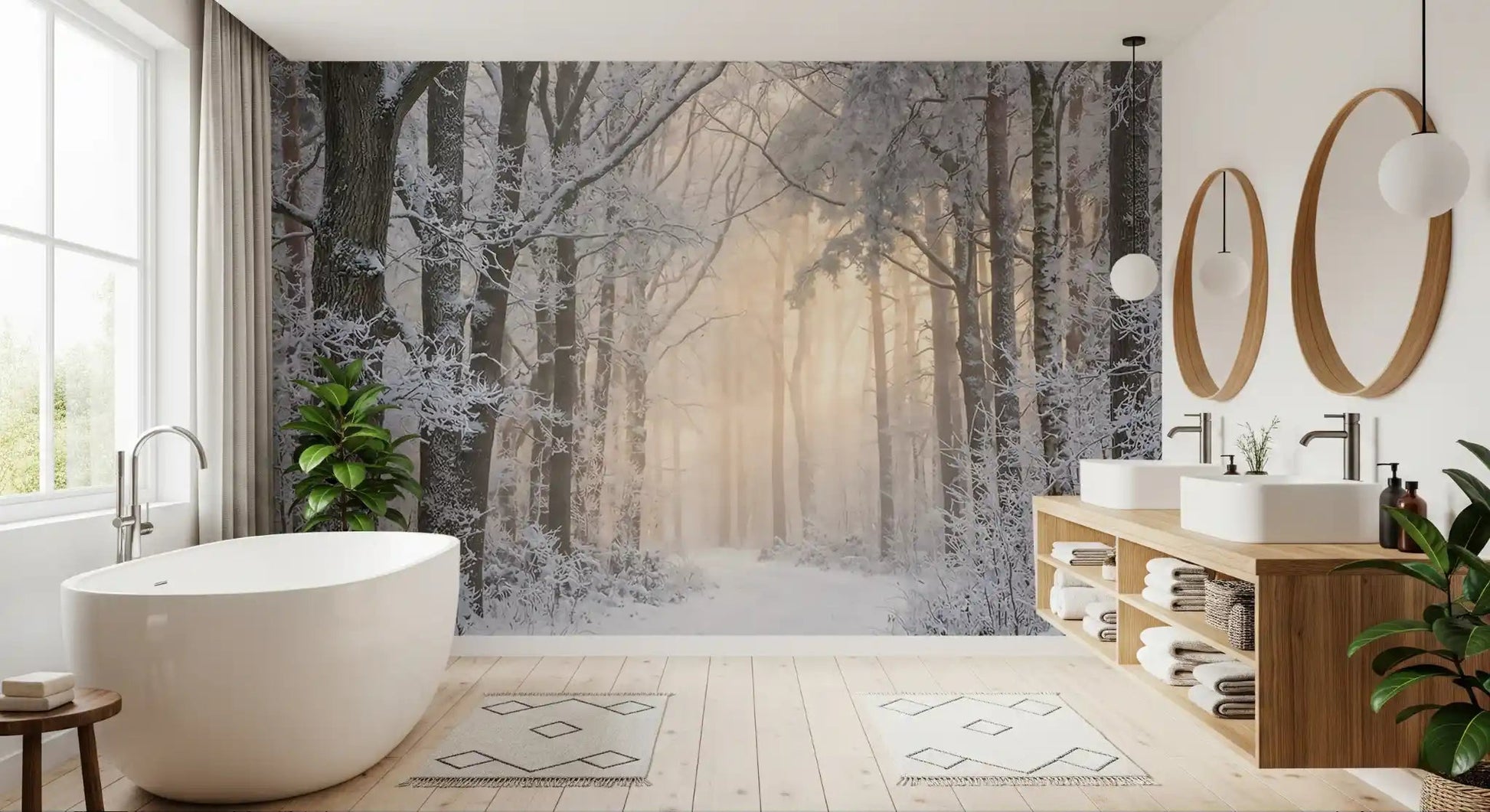 A bathroom feature opens onto frosted trees with Misty Winter Forest Glow wall mural.GD9603