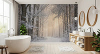 A bathroom feature opens onto frosted trees with Misty Winter Forest Glow wall mural.GD9603