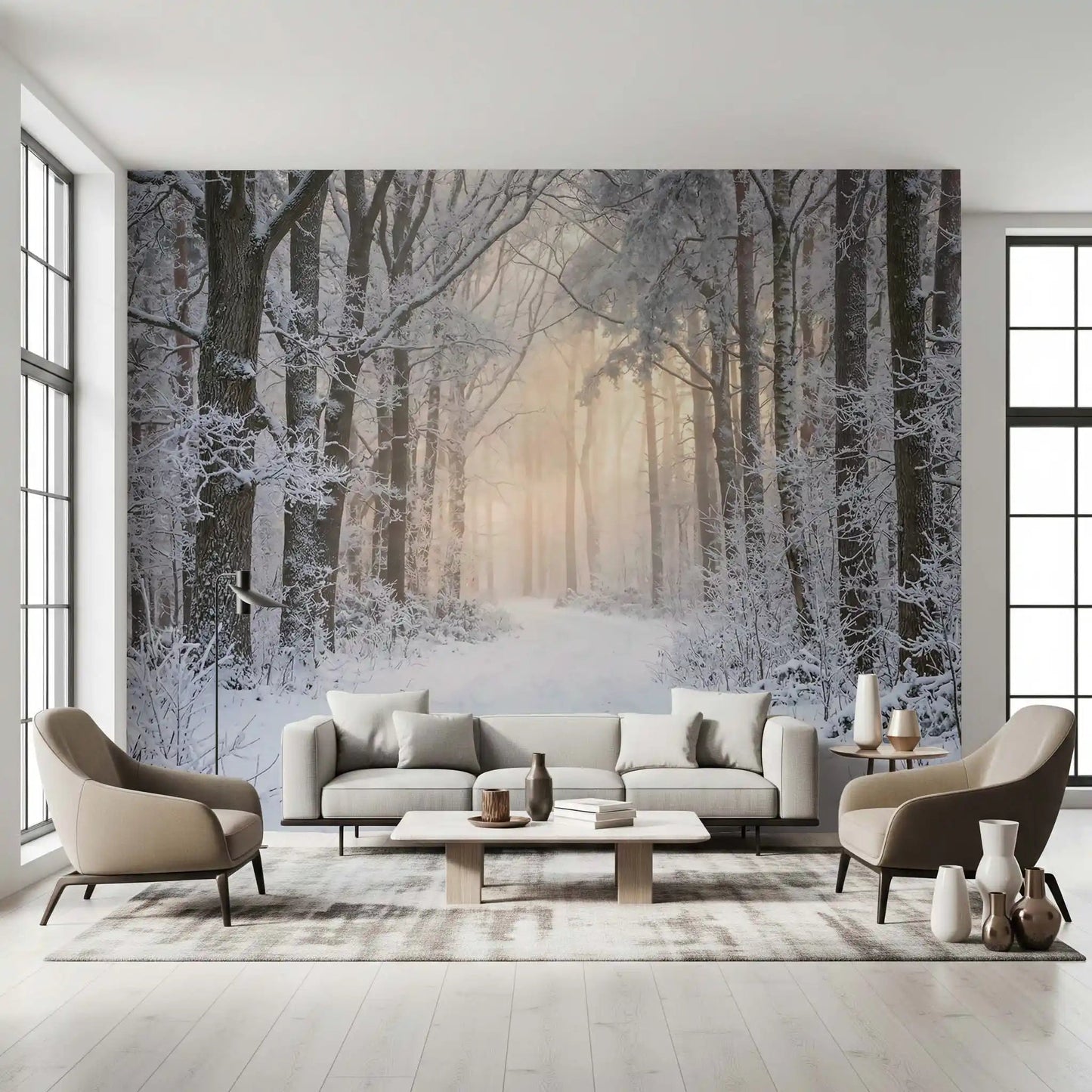 A wooden fence rests at the edge inside Misty Winter Forest Glow wall mural.GD9603