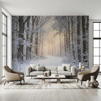 A wooden fence rests at the edge inside Misty Winter Forest Glow wall mural.GD9603