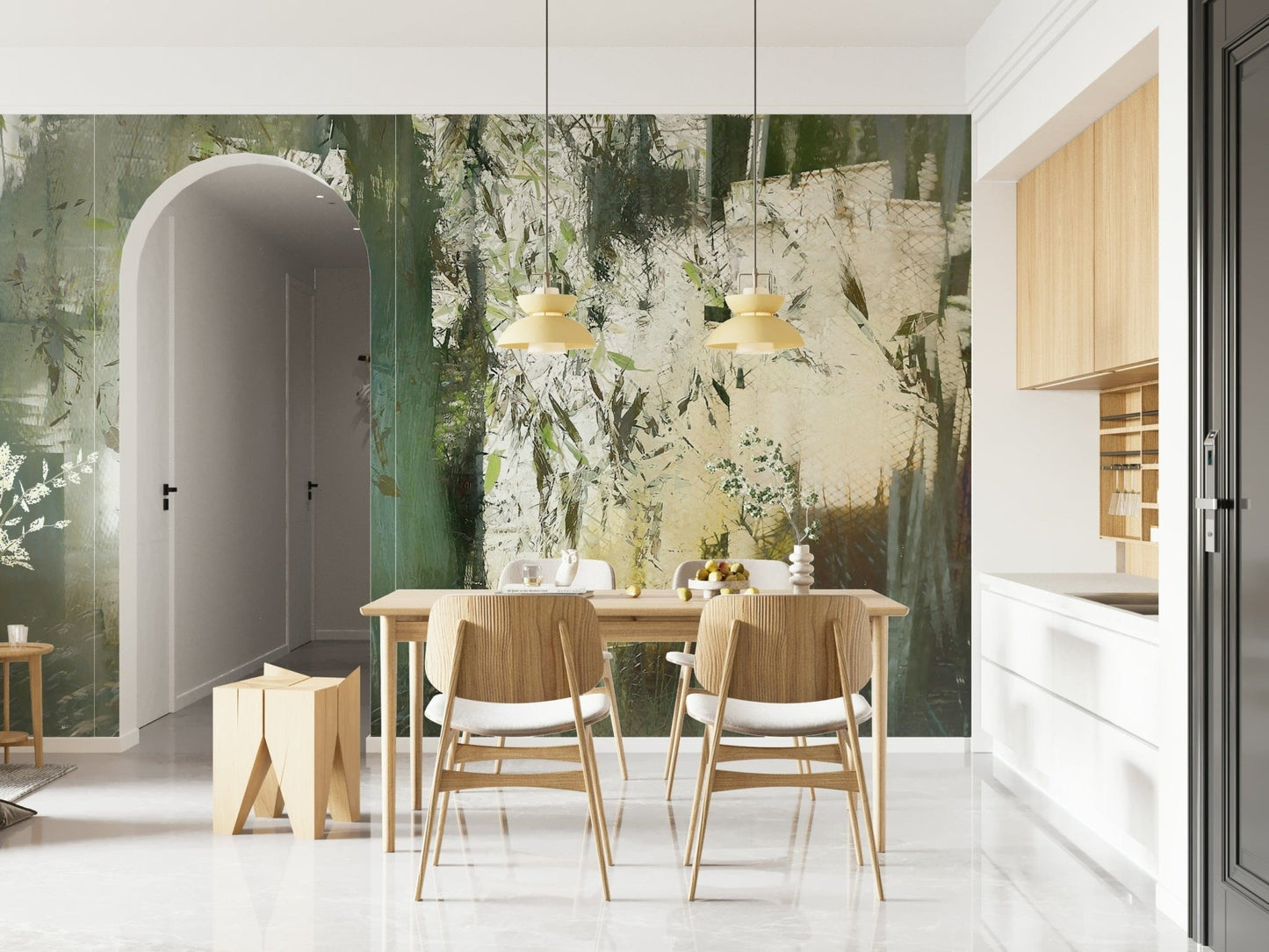 An artistic soft focus landscape mural on minimalist wallpaper.