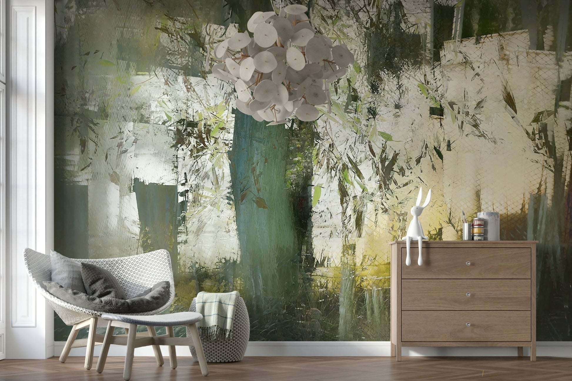 A calming serene forest wallpaper mural that defines a space.
